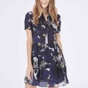 Parker 100% silk blue floral collared dress